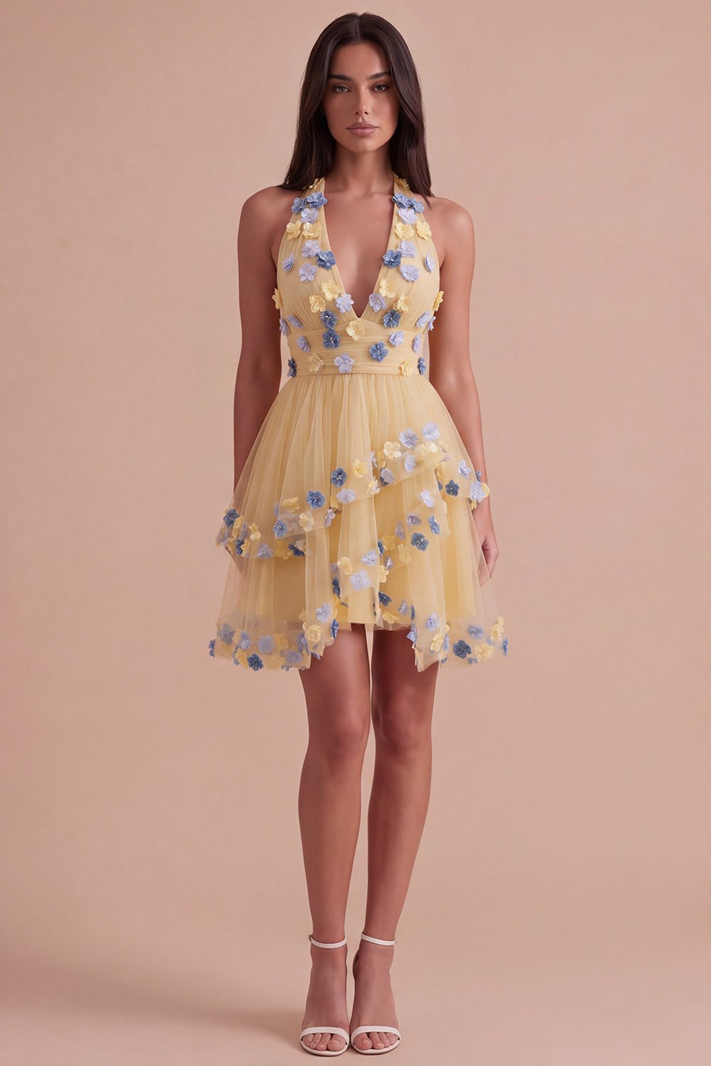 Apricot Floral Halter Tulle Ruffled Short Homecoming Dress with Ruffles