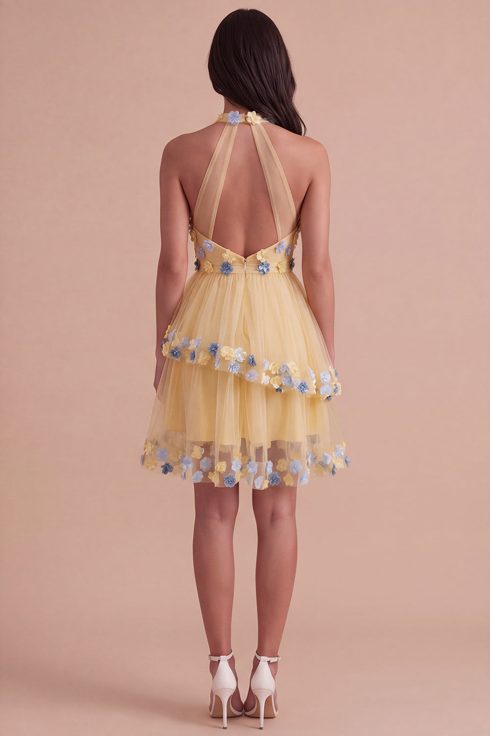 Apricot Floral Halter Tulle Ruffled Short Homecoming Dress with Ruffles