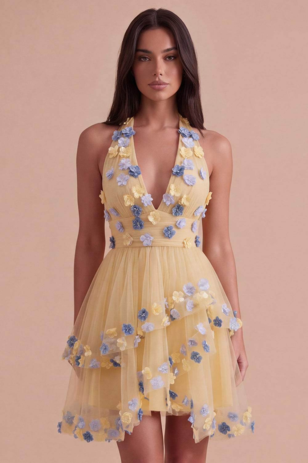 Apricot Floral Halter Tulle Ruffled Short Homecoming Dress with Ruffles
