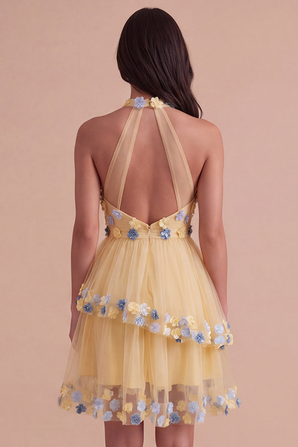 Apricot Floral Halter Tulle Ruffled Short Homecoming Dress with Ruffles