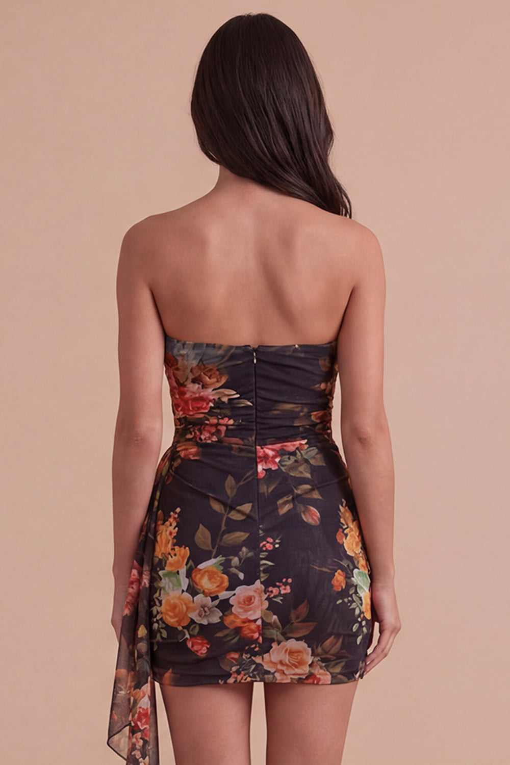 Black Red Floral Strapless Bodycon Short Homecoming Dress with Sash