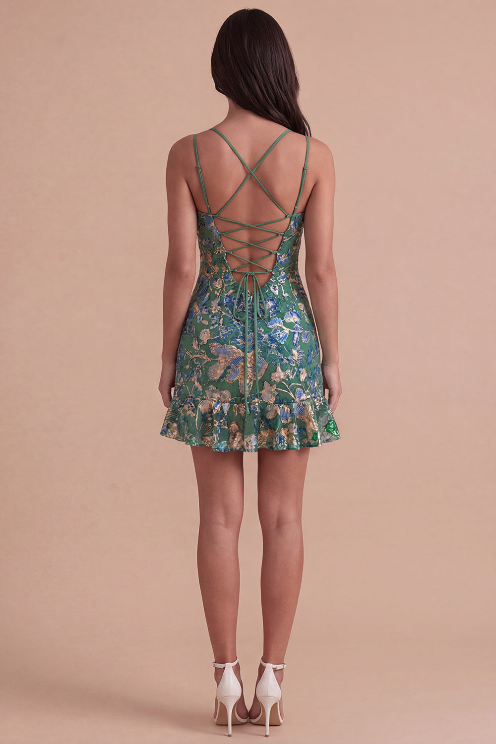 Dark Green Floral Jacquard Spaghetti Straps Short Homecoming Dress with Ruffles