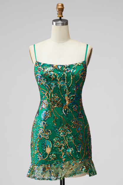 Dark Green Floral Jacquard Spaghetti Straps Short Homecoming Dress with Ruffles