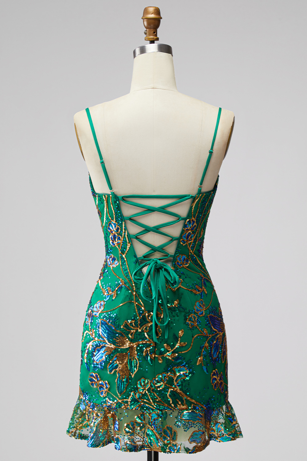 Dark Green Floral Jacquard Spaghetti Straps Short Homecoming Dress with Ruffles