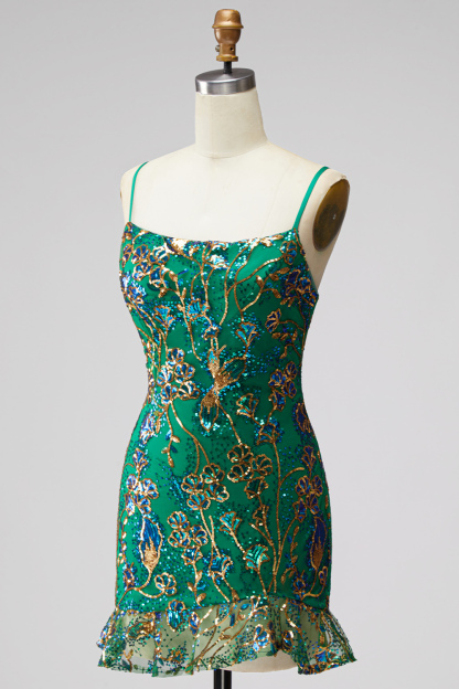 Dark Green Floral Jacquard Spaghetti Straps Short Homecoming Dress with Ruffles