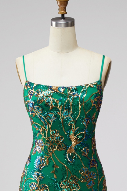 Dark Green Floral Jacquard Spaghetti Straps Short Homecoming Dress with Ruffles