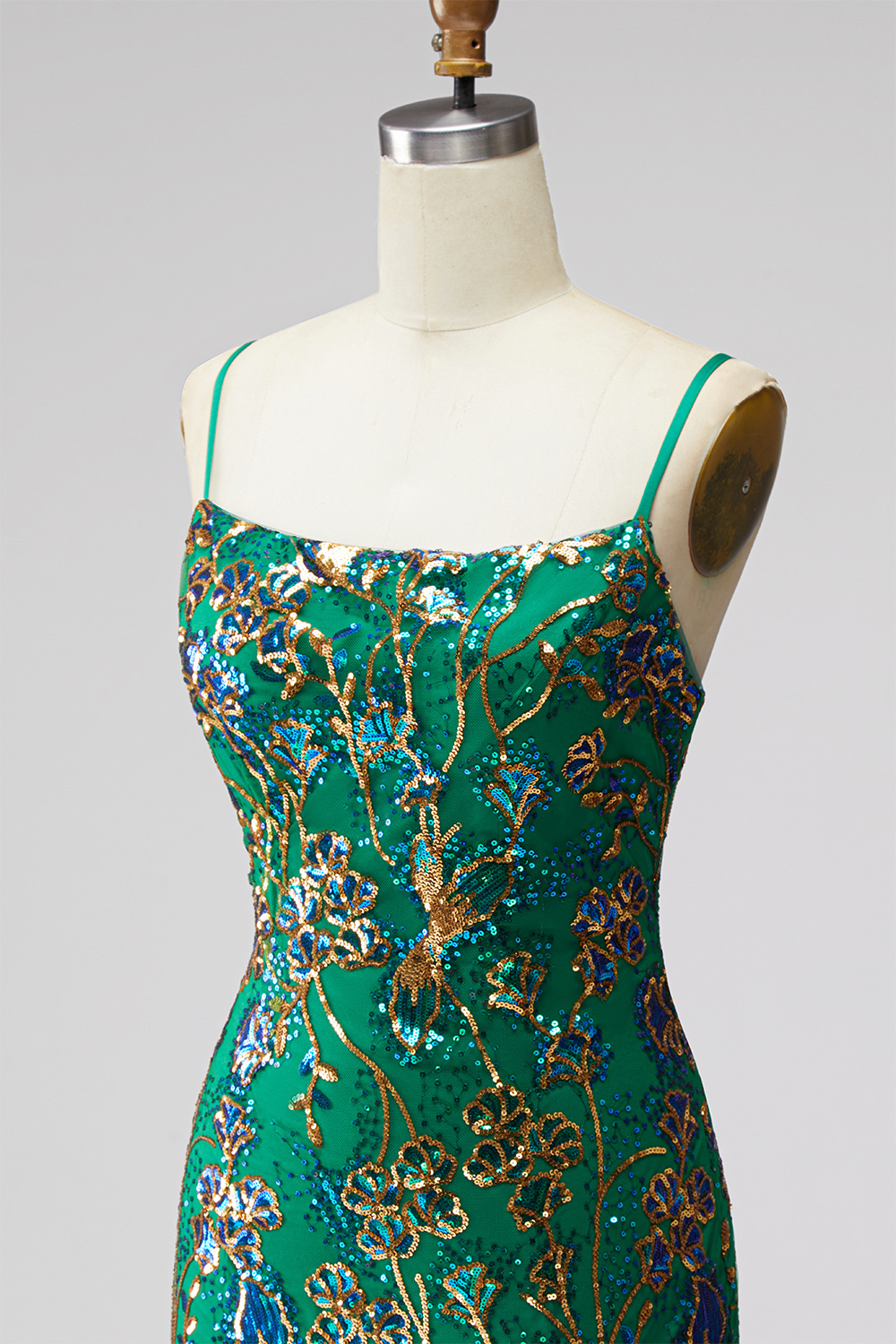 Dark Green Floral Jacquard Spaghetti Straps Short Homecoming Dress with Ruffles