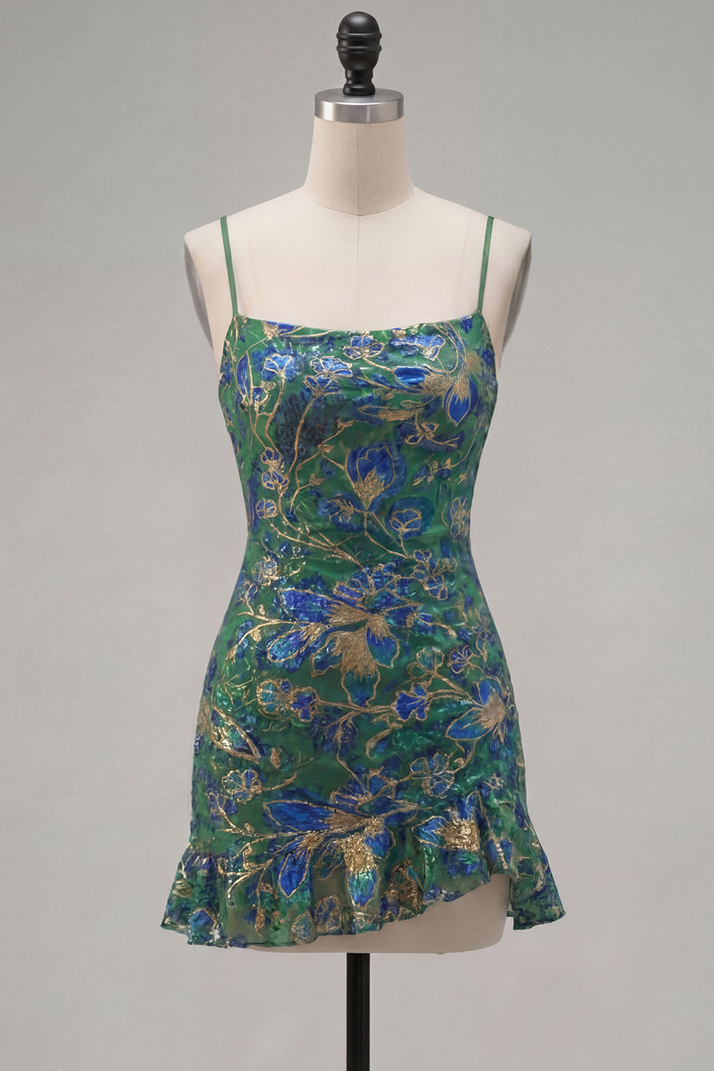 Dark Green Floral Jacquard Spaghetti Straps Short Homecoming Dress with Ruffles
