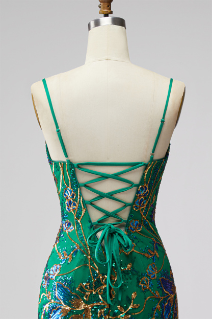 Dark Green Floral Jacquard Spaghetti Straps Short Homecoming Dress with Ruffles