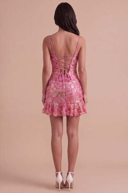 Dark Green Floral Jacquard Spaghetti Straps Short Homecoming Dress with Ruffles