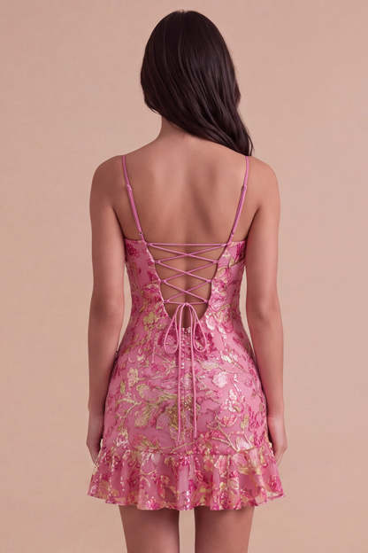 Dark Green Floral Jacquard Spaghetti Straps Short Homecoming Dress with Ruffles