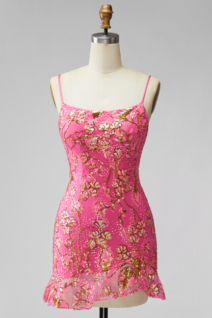 Dark Green Floral Jacquard Spaghetti Straps Short Homecoming Dress with Ruffles