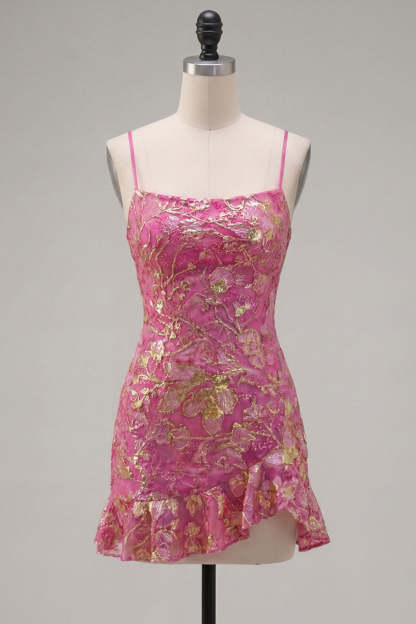 Dark Green Floral Jacquard Spaghetti Straps Short Homecoming Dress with Ruffles