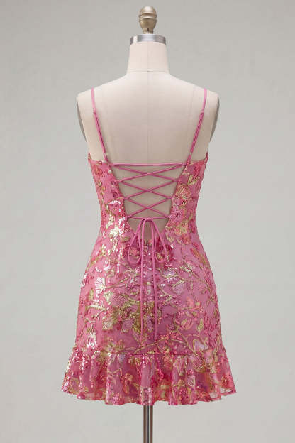 Dark Green Floral Jacquard Spaghetti Straps Short Homecoming Dress with Ruffles