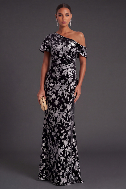 Blue Floral Velvet Ruched Long One Shoulder Mermaid Formal Dress