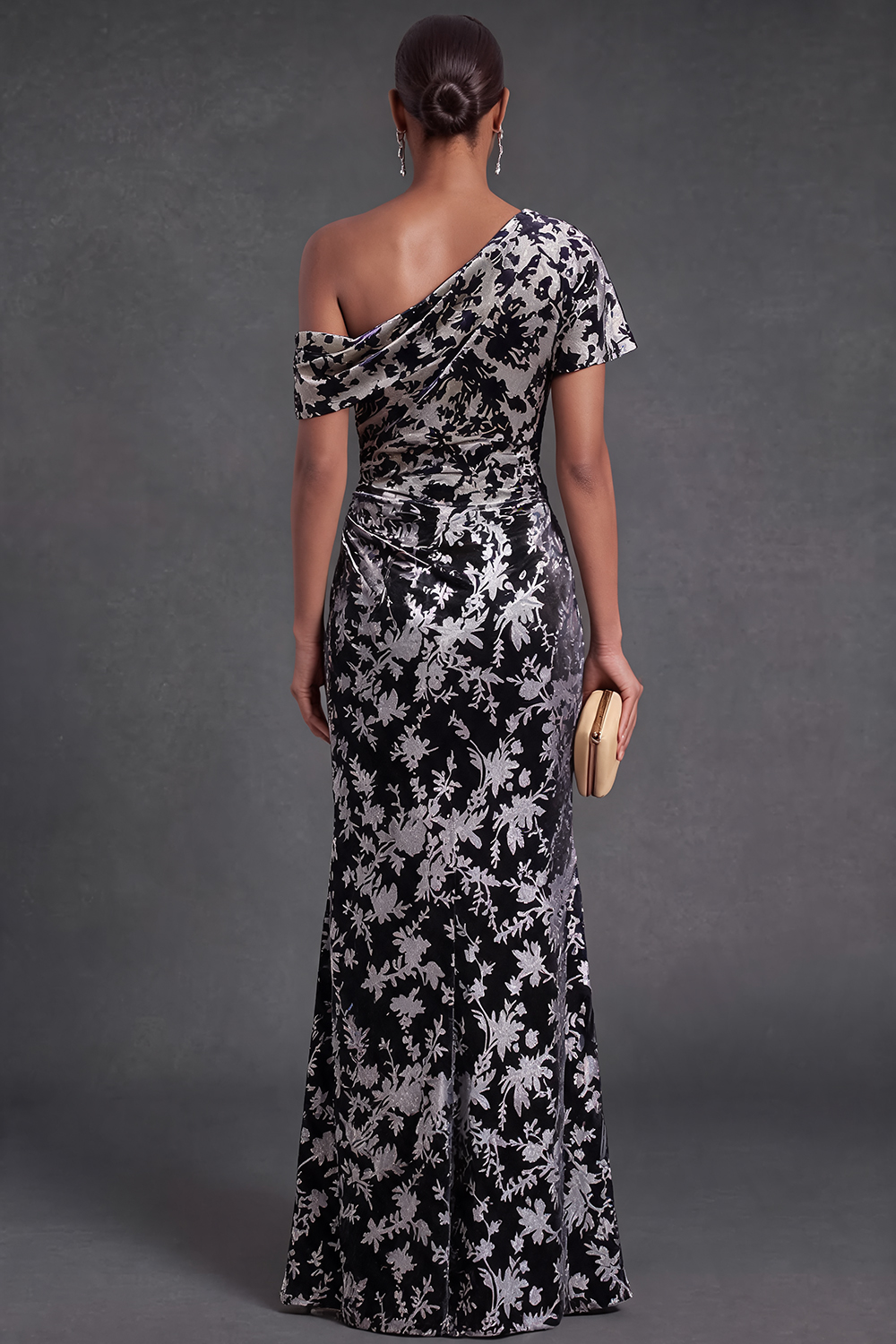 Blue Floral Velvet Ruched Long One Shoulder Mermaid Formal Dress