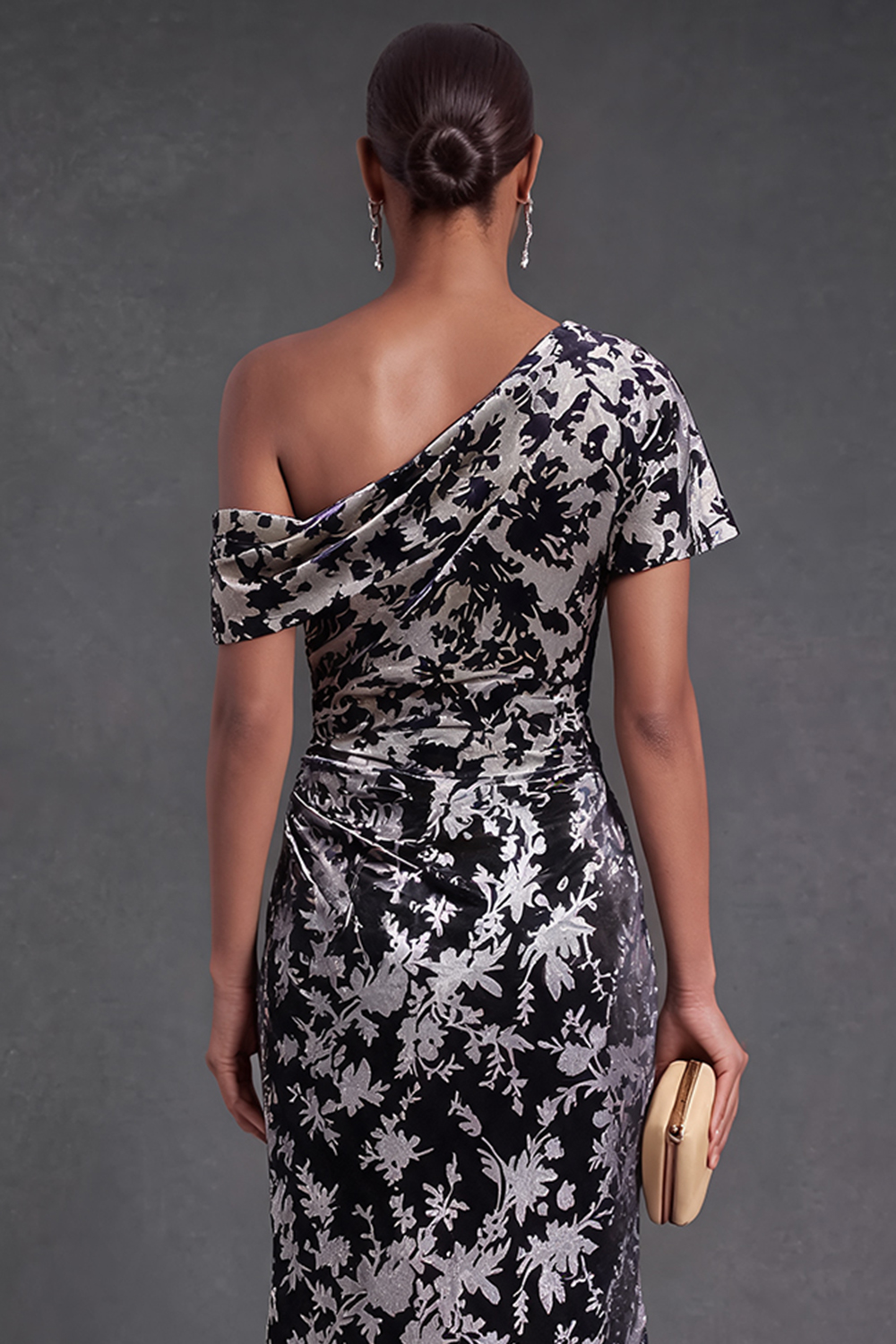 Blue Floral Velvet Ruched Long One Shoulder Mermaid Formal Dress