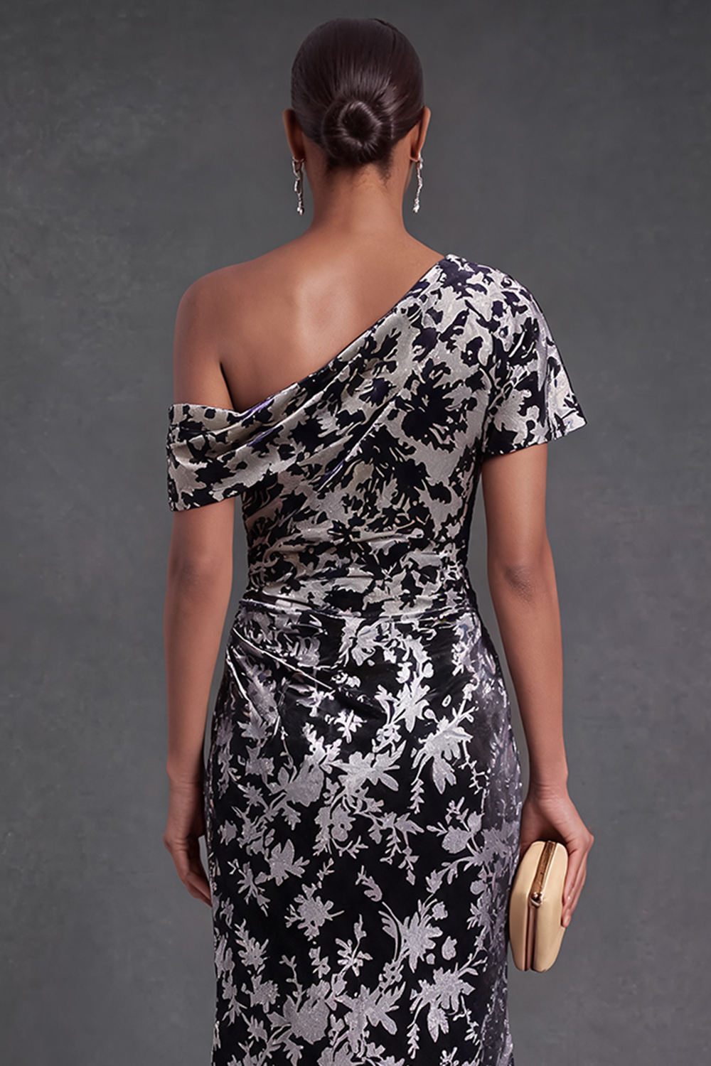 Blue Floral Velvet Ruched Long One Shoulder Mermaid Formal Dress