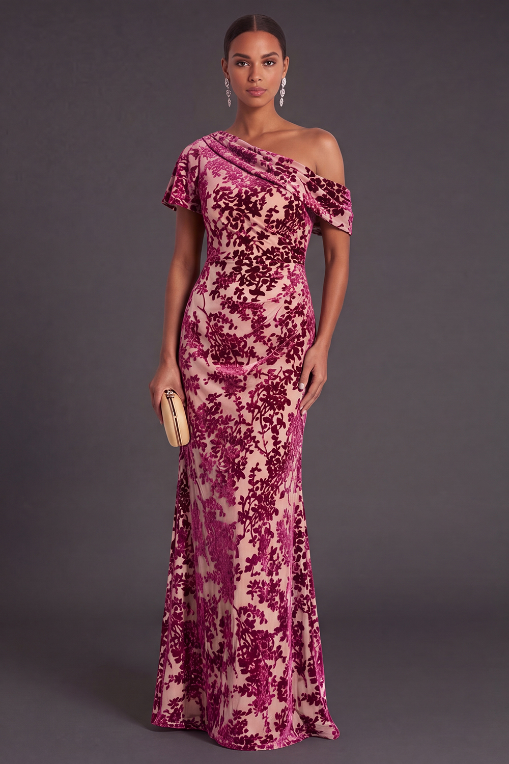 Blue Floral Velvet Ruched Long One Shoulder Mermaid Formal Dress