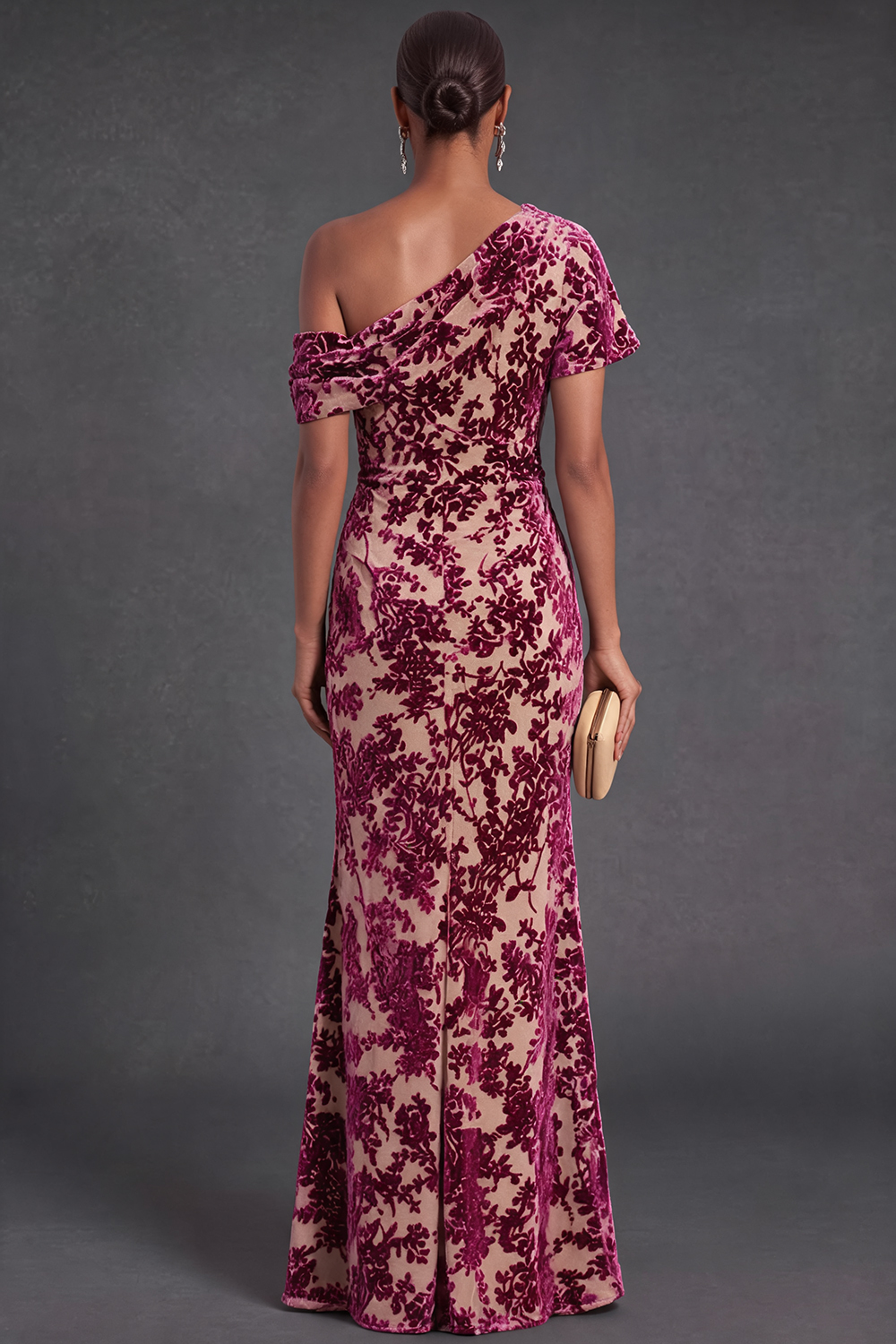 Blue Floral Velvet Ruched Long One Shoulder Mermaid Formal Dress