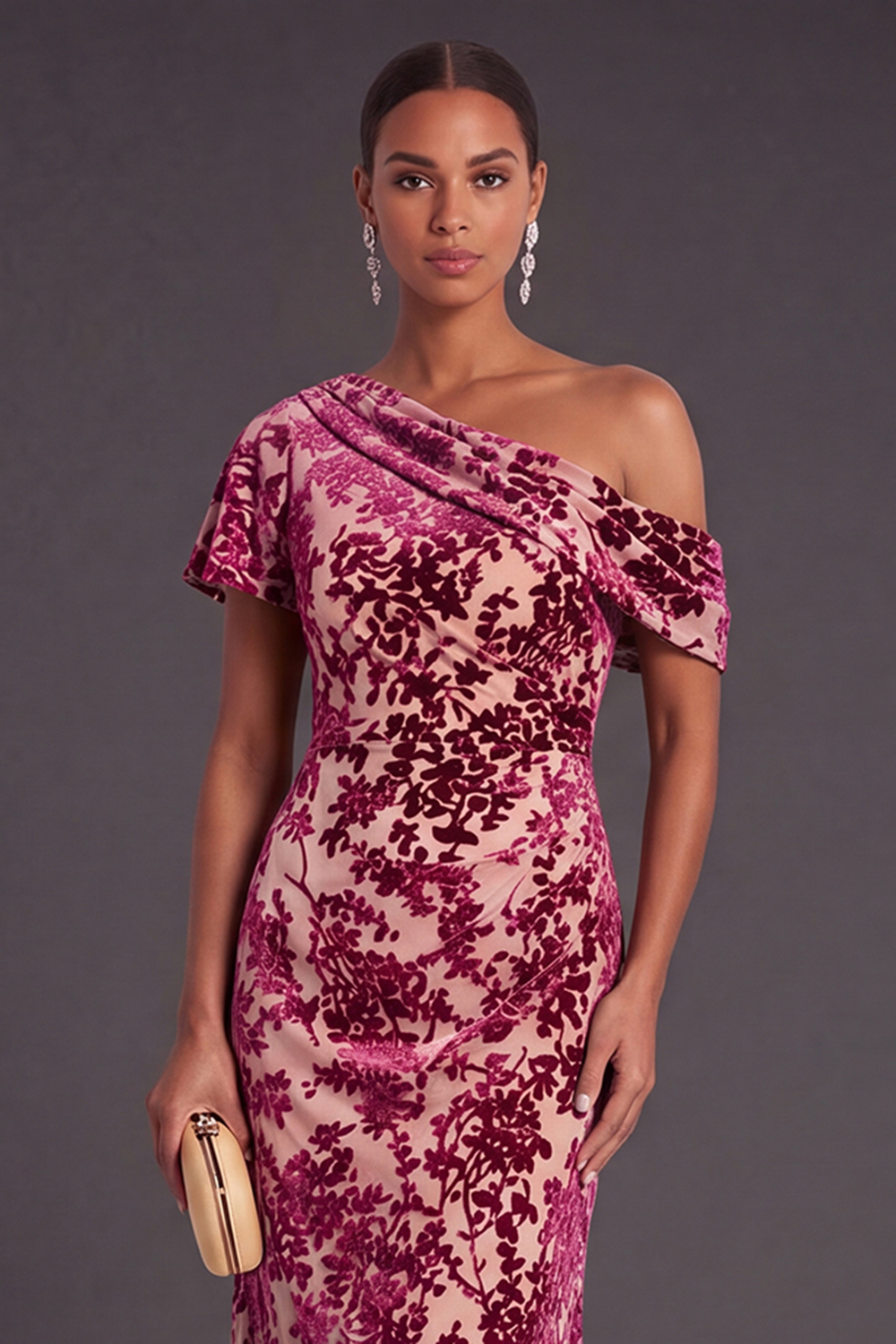 Blue Floral Velvet Ruched Long One Shoulder Mermaid Formal Dress