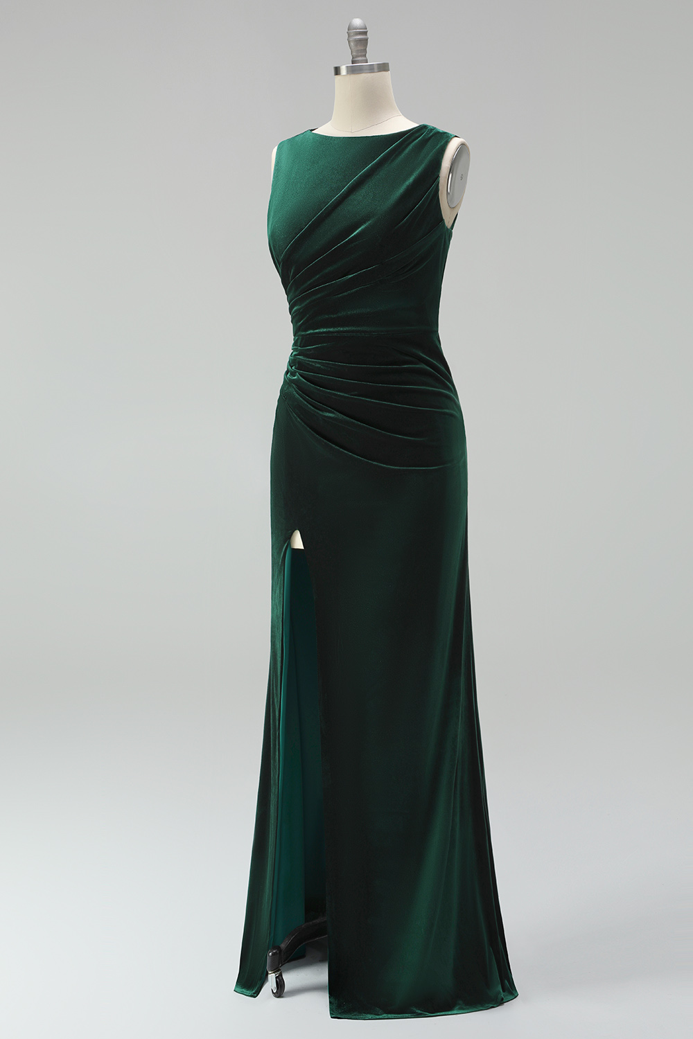 Burgundy Boat Neck Ruched Long Mermaid Formal Dress with Slit