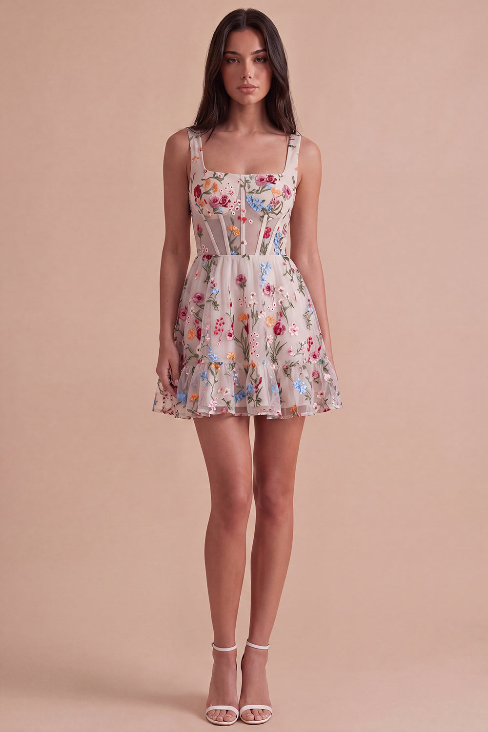 Ivory Floral Corset Thick Straps A-Line Short Homecoming Dress