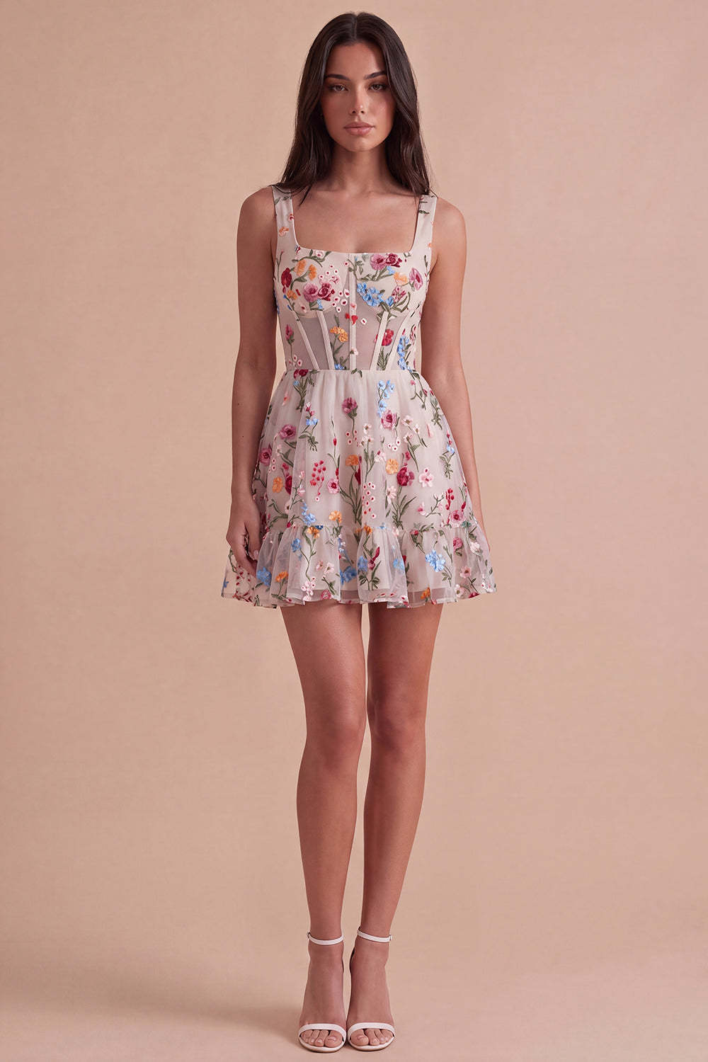 Ivory Floral Corset Thick Straps A-Line Short Homecoming Dress
