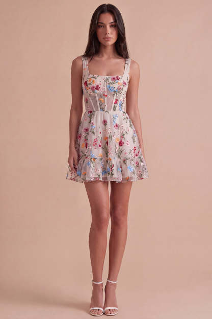 Ivory Floral Corset Thick Straps A-Line Short Homecoming Dress
