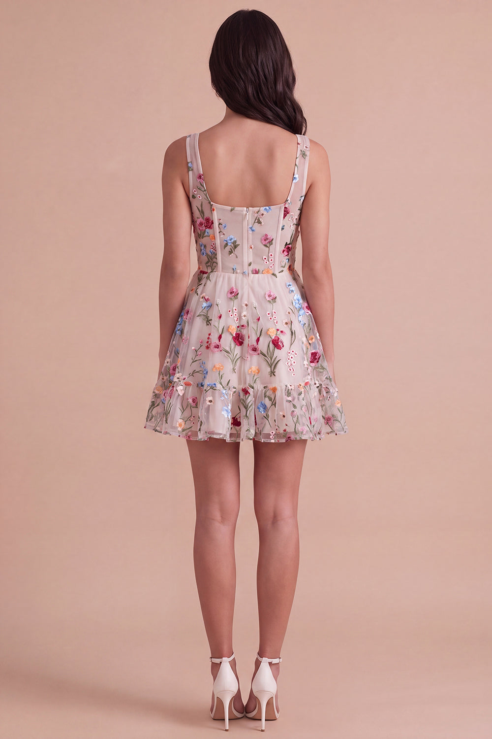 Ivory Floral Corset Thick Straps A-Line Short Homecoming Dress
