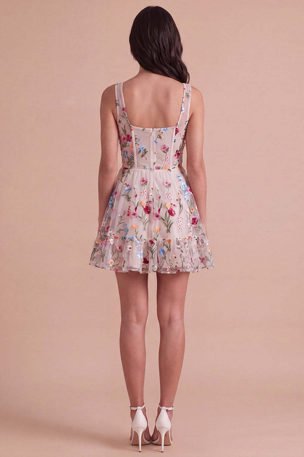 Ivory Floral Corset Thick Straps A-Line Short Homecoming Dress