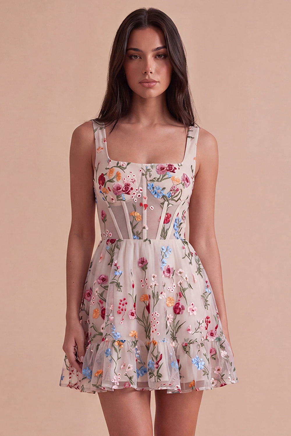 Leely Women Ivory Floral Corset Ruffled Short Homecoming Dress Thick Straps A-Line Cocktail Dress