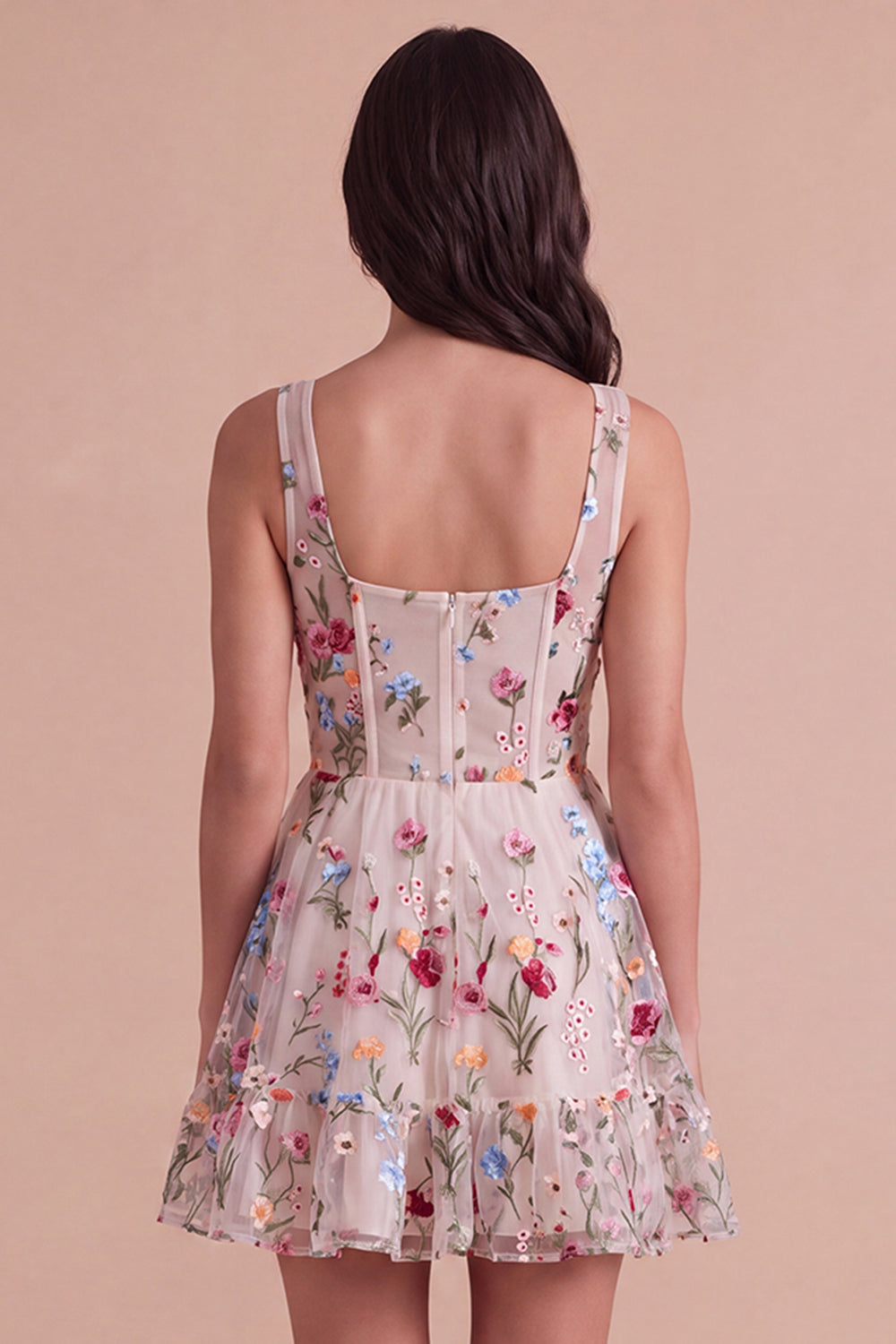 Ivory Floral Corset Thick Straps A-Line Short Homecoming Dress