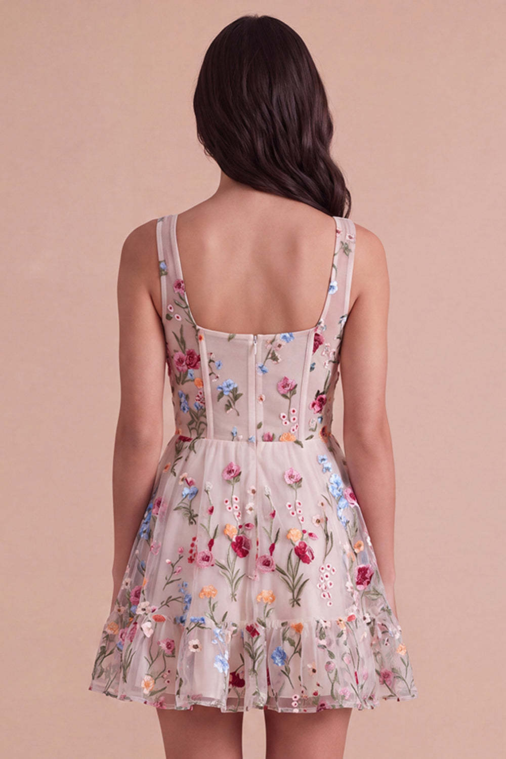 Ivory Floral Corset Thick Straps A-Line Short Homecoming Dress