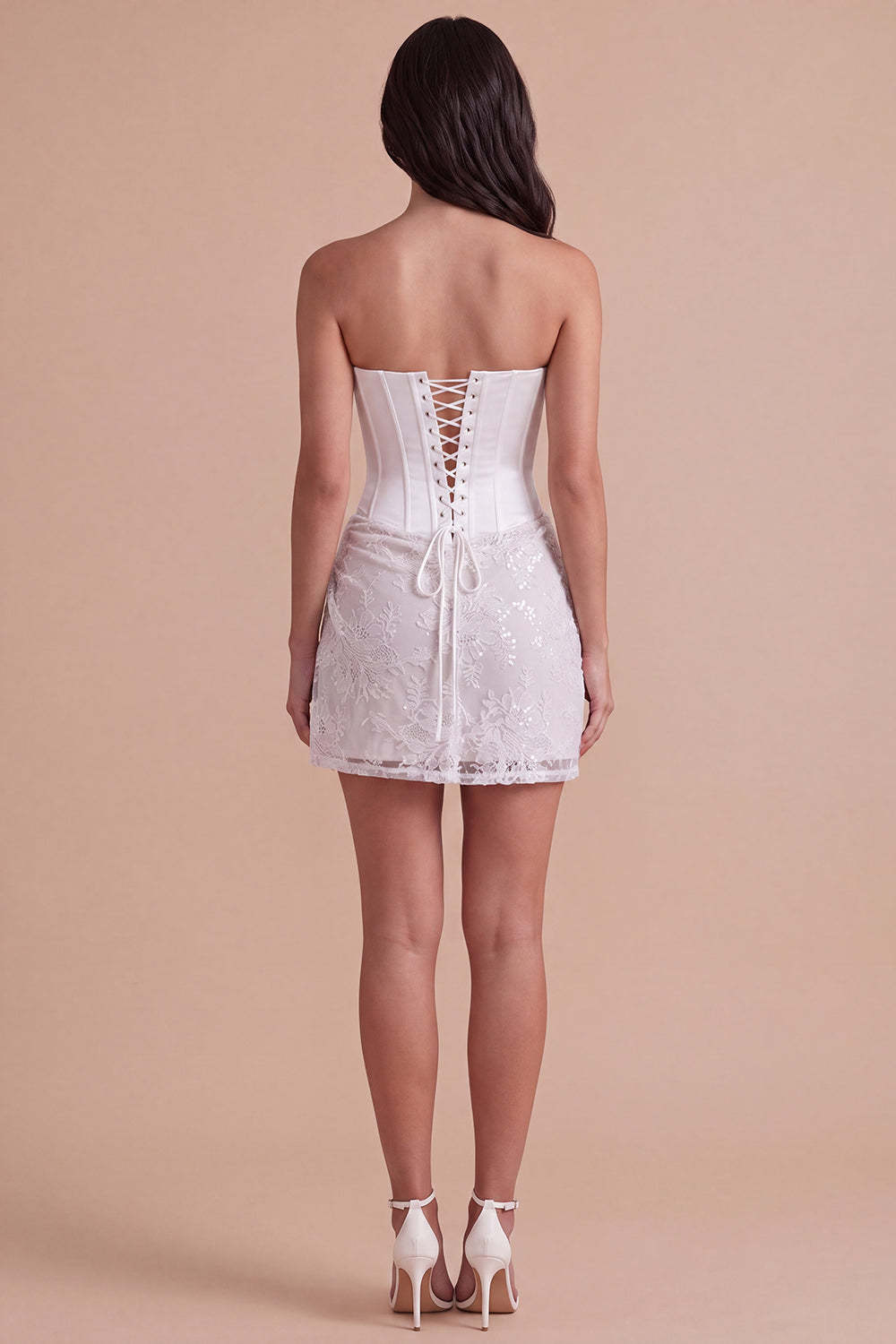 Ivory Floral Strapless Ruched Bodycon Corset Short Homecoming Dress