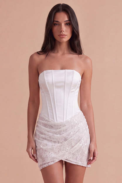 Leely Women Lace Floral Ivory Corset Short Ruched Homecoming Dress Strapless Bodycon Lace Up Cocktail Dress