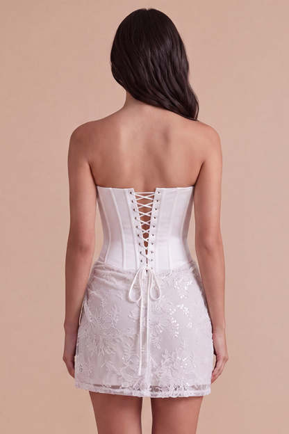Ivory Floral Strapless Ruched Bodycon Corset Short Homecoming Dress