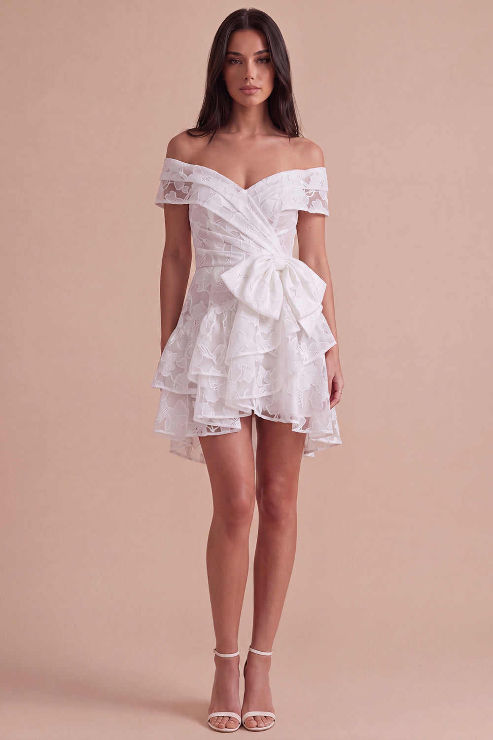 Ivory Floral Off the Shoulder Corset Ruffled Short Homecoming Dress with Bow