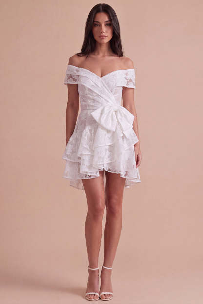 Ivory Floral Off the Shoulder Corset Ruffled Short Homecoming Dress with Bow