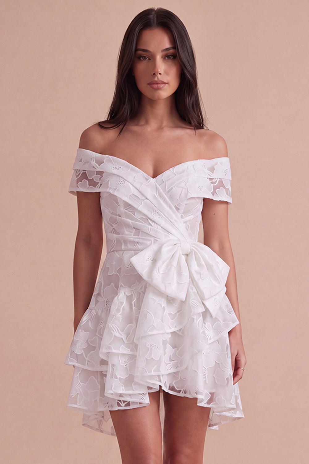 Leely Women Floral Ivory Corset Short Homecoming Dress with Ruffles Off the Shoulder Tiered A-Line Cocktail Dress with Bow