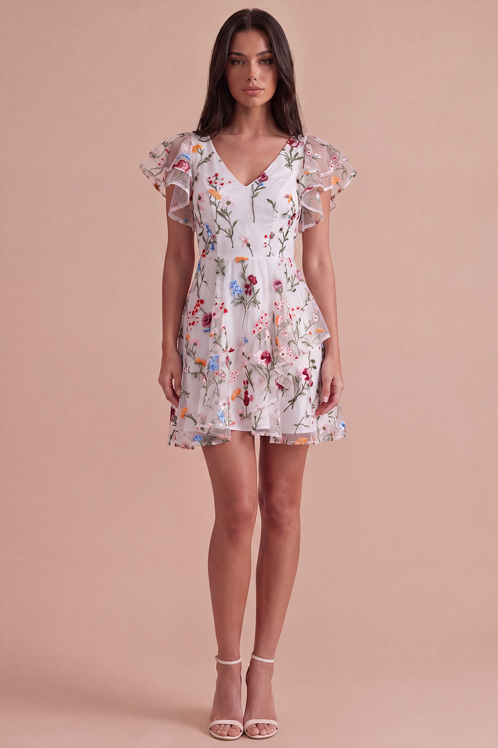 Ivory Floral V-Neck Ruffled A-Line Short Homecoming Dress with Sleeves
