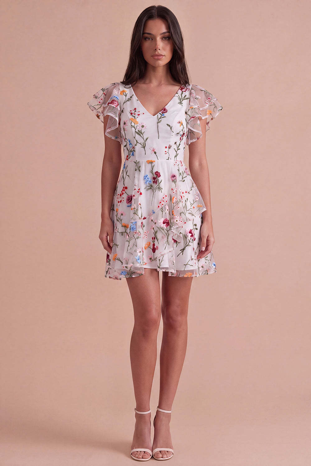 Ivory Floral V-Neck Ruffled A-Line Short Homecoming Dress with Sleeves
