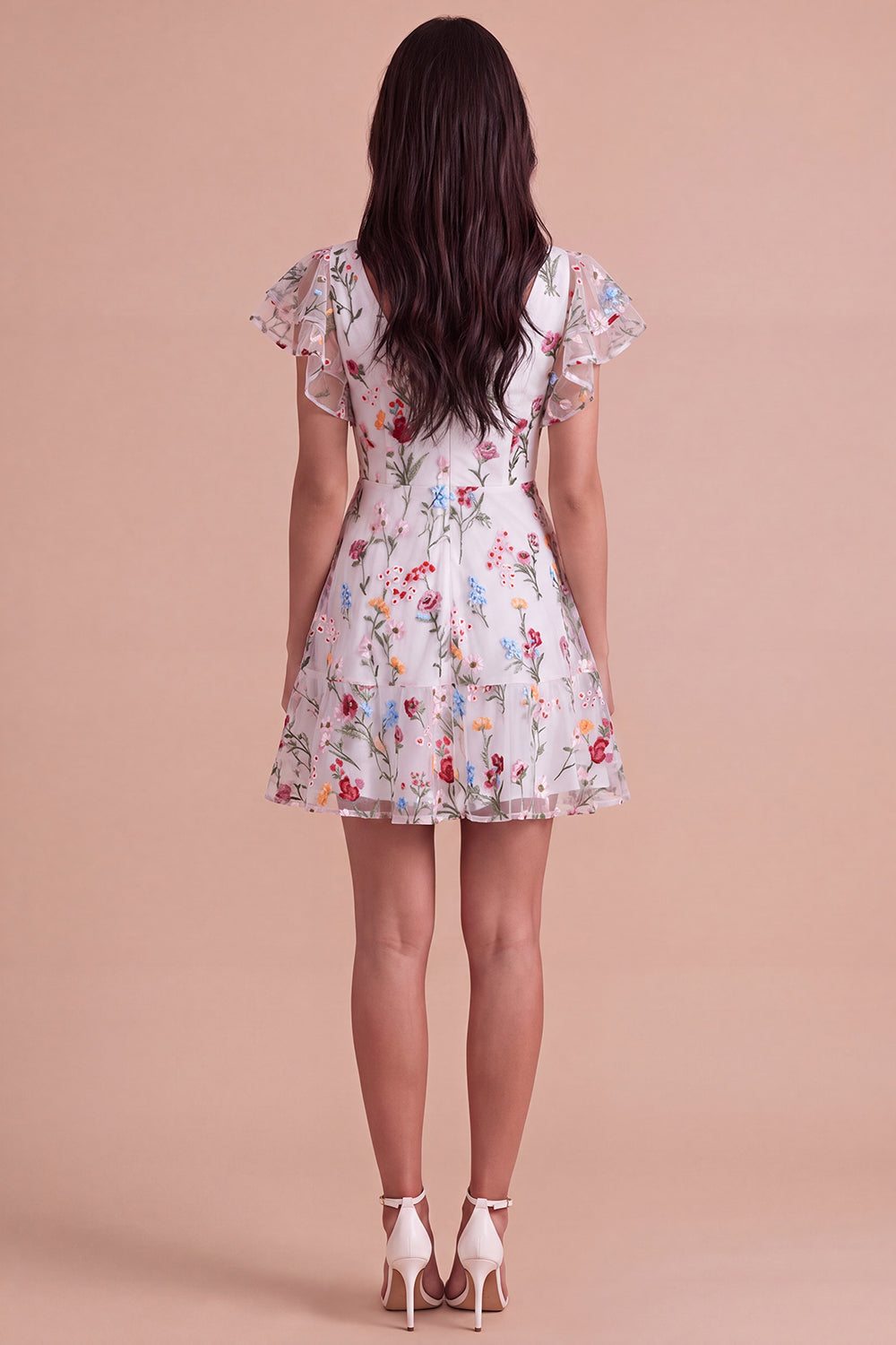 Ivory Floral V-Neck Ruffled A-Line Short Homecoming Dress with Sleeves