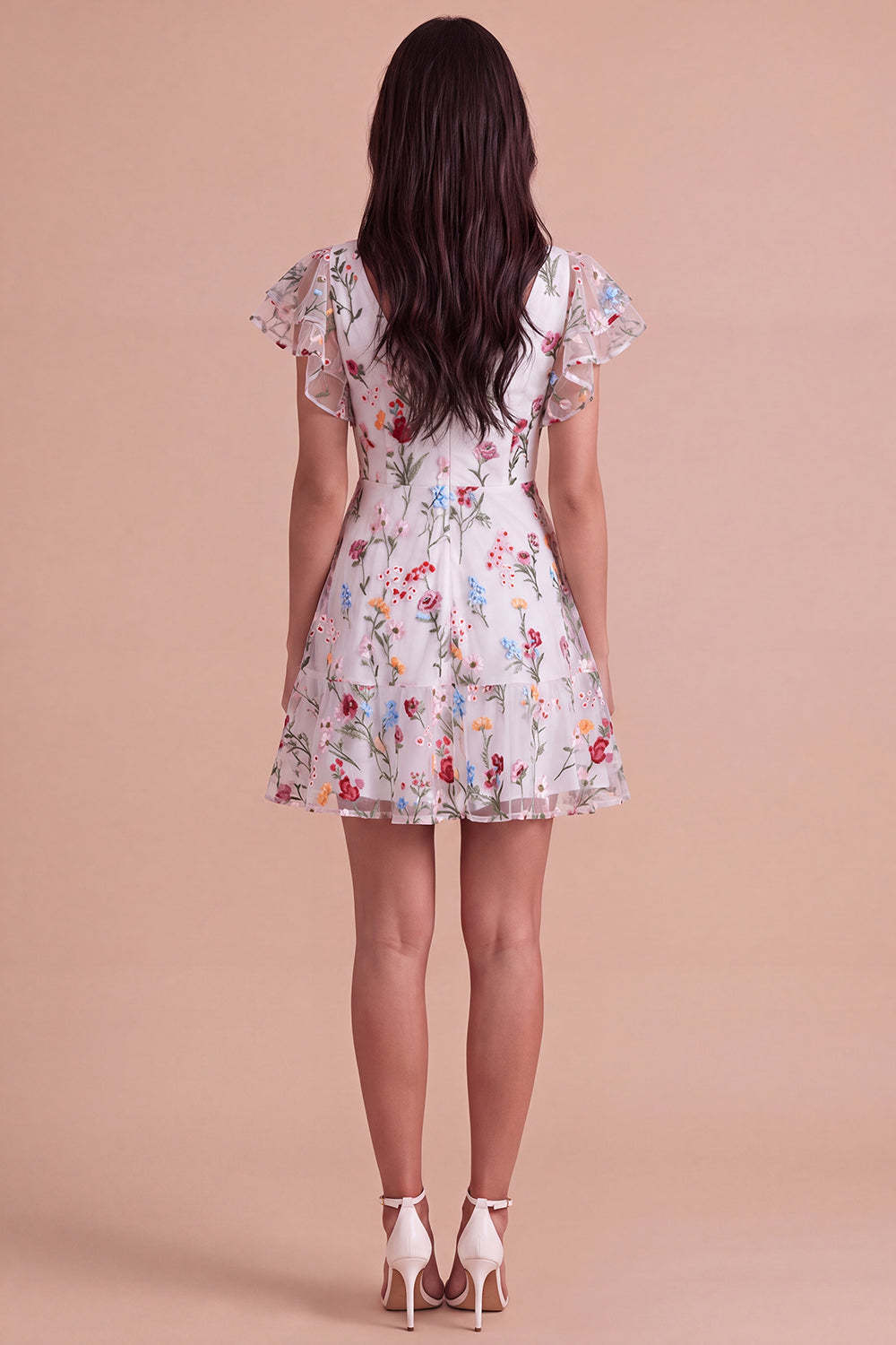 Ivory Floral V-Neck Ruffled A-Line Short Homecoming Dress with Sleeves