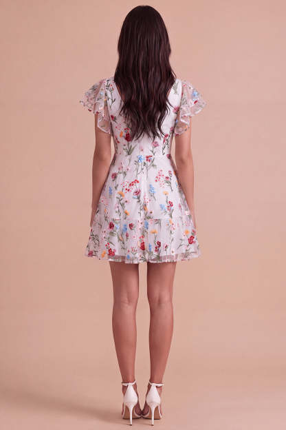 Ivory Floral V-Neck Ruffled A-Line Short Homecoming Dress with Sleeves