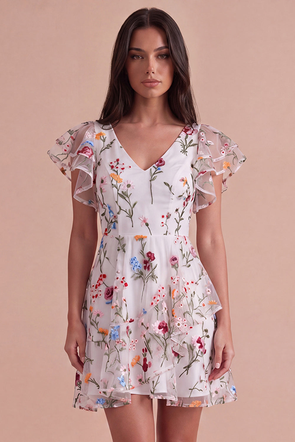 Leely Women Floral Ivory Ruffled V-Neck Short Homecoming Dress Tiered A-Line Cocktail Dress with Sleeves
