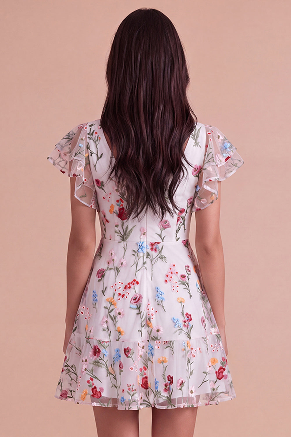 Ivory Floral V-Neck Ruffled A-Line Short Homecoming Dress with Sleeves