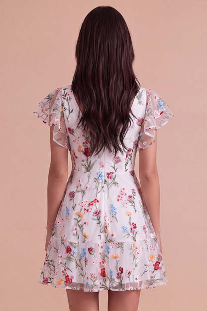Ivory Floral V-Neck Ruffled A-Line Short Homecoming Dress with Sleeves