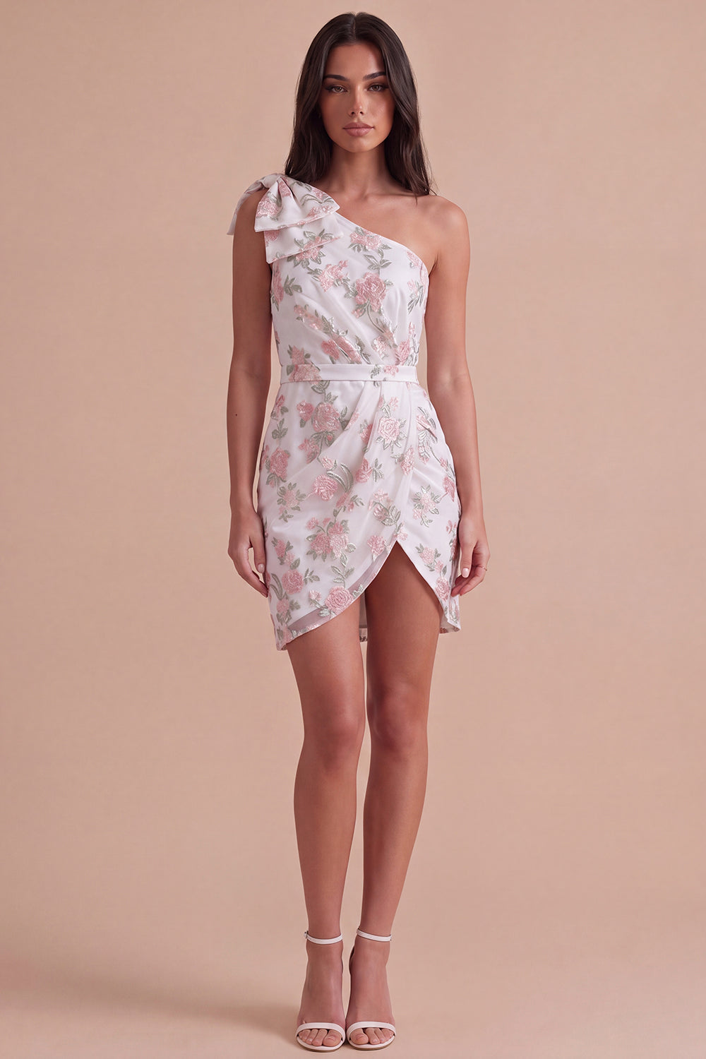 Ivory Floral One Shoulder Bodycon Ruched Short Homecoming Dress with Bow