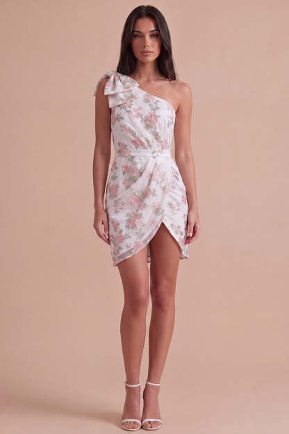 Ivory Floral One Shoulder Bodycon Ruched Short Homecoming Dress with Bow